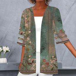 Women's Jackets Women Coat Flower Print Half Sleeves Cardigan Vintage Loose Open Stitch Mesh Patchwork Mid Length Casual Jacket