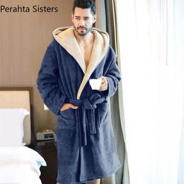 Men's Robes Coral Cashmere Winter Bathrobe Men Blue Comfort Flannel Hooded Bath Robe Wiht String Male Thick Warm Dressing Gow213C