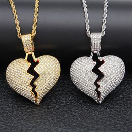 Iced out Broken Love Heart Pendant Necklaces Men's Bling Crystal rhinestone Love charm Gold Silver ed chain For women Hi248t