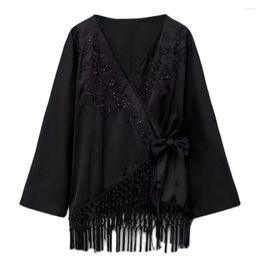 Women's Blouses 2023 Fashion Tassel Embroidery Bow Decoration Beaded Double Breasted Kimono Vintage Long Sleeved Shirt Top