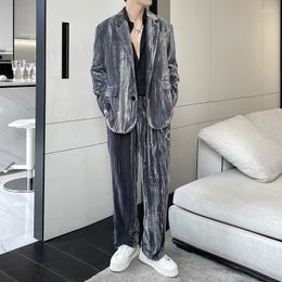 Men's Suits Winter Velvet Suit Men Fashion Social Mens Dress Set Korean Loose Casual Blazer Pants Sets Office Formal Black Grey