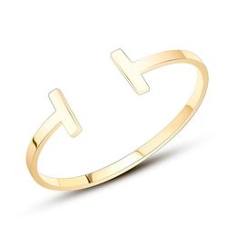 Fashion Double T Shape Cuff Bracelets for Women Boho Jewellery Unique 316l Stainless Steel Men Bangle Adjustable Size Drop2079