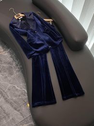 2023 Autumn Black / Blue Solid Colour Two Piece Pants Sets Long Sleeve Notched-Lapel Velour Single-Breasted Blazers With Flare Trousers Pants Set Two Piece Suits O3O0762