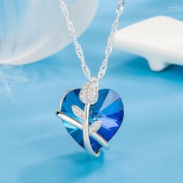 Pendant Necklaces Ins Blue Crystal Love Heart Clavicle For Women Silver Colour O Chains Rose Flower Necklace Wedding Jewellery Gift