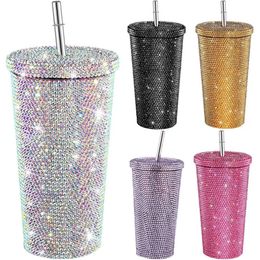 Thermoses 500ML Coffee Cup Auto Water Shiny Rhinestone Double Layer Stainless Steel Thermo Feeding Straw Cleaning Brush 231009
