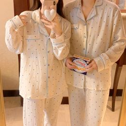 Women's Sleepwear Autumn Winter Polka Dot Pajama Set For Women Cotton Couple Gauze Long Sleeve Home Clothes Comfortable Soft S364