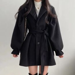 Women s Jacket Woolen Coat Autumn Winter Elegant Korean Solid Thick Warm Mid Length Lapel Belt Jacket Office Lady Slim Trendy Outwear 231009