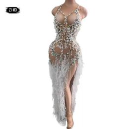 Casual Dresses Pearl Tassel Mesh Long Dress Women Singer Prom Birthday Celebration High Split Evening Party Crystal Perspective We230Z