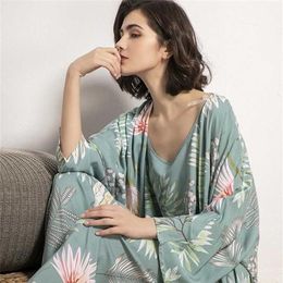 Cotton Viscose Ladies Three-piece Pajamas Set Women Spring and Autumn Comfortable Soft Home Suit Robes with Pants 2111062646