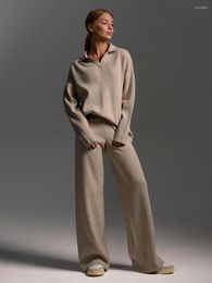 Women's Sweaters 2023 Fall Winter Thick Women Long Sleeve Knitted Suits Soft 2 Pieces Sets Female Polo Neck Sweater Wide Leg Pants Outfit