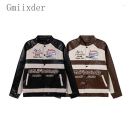 Men's Jackets American Street Racing Jacket Letter Embroidery Spliced PU Leather Motorcycle Bomber Loose Bf Versatile Button Coat