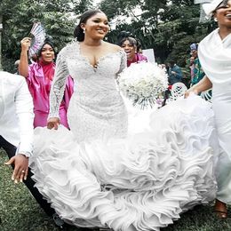 Okt Arabiska 2023 ASO EBI Plus Size White Mermaid Lyxig bröllopsklänning Beaded Crystals spets brudklänningar klänningar ZJ404 ES