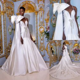 Mermaid Wedding 2023 Dresses Bridal Gown With Spaghetti Straps Beaded Bow Satin Sweep Train Custom Made Vestidos De Novia Plus Size Beach Garden