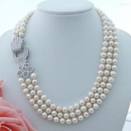 Chains 19'' 8-9MM 3 Strands White Pearl Necklace CZ Clasp