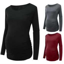 Maternity Tops Tees Women's Maternity Tunic Tops Mama Clothes Flattering Side Ruched Long Sleeve Scoop Neck Pregnancy T-shirt Casual Solid Clothing 231006