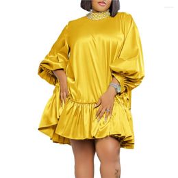 Ethnic Clothing African Dresses For Women Solid Colour Loose Casual Long Sleeve High Collar Beaded Elegant Party Short Dress 2023 Autumn