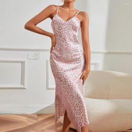 Women's Sleepwear Pink Leopard Satin Side Split Tassel Sling Long Style Nightdress Sexy Lingerie Nightie Sleep Nightgowns