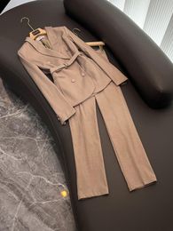 2023 Autumn Khaki Solid Color Two Piece Pants Sets Long Sleeve Notched-Lapel Belted Blazers Top With Long Pants Set Two Piece Suits F3O0747