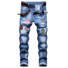 Men Slim Fit Ripped Jeans Fashion Straight Leg Stretch Printed Biker Denim Pants Mens Blue Regular Trousers Big size D673256s