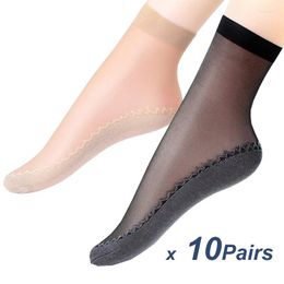 Women Socks 10 Pairs Spring Summer Soft Casual Non-Slip Bottom Splice Fashion Transparent Ladies Girls Breathable Thin Silk Sock