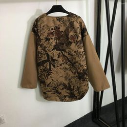 Women's Jackets 2023 Autumn And Winter Bird Flower Pattern Printed Round Neck Long-sleeved Woollen Coat Khaki SML