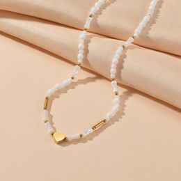 Pendant Necklaces Stackable Beaded Necklace White Bead Shiny Heart Gold Colour Stainless Steel For Women Jewellery Gift