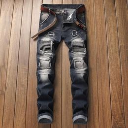 Cross Border Supply Men's Elastic Black Jeans Motorcycle Miscellaneous Splicing Men's Jeans Pants261Y