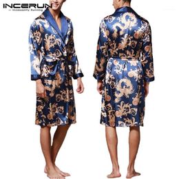 INCERUN Fashion Satin Silk Pyjamas Mens Robe Long Sleeves Bathrobe Lucky Chinese Dragon Print Gown Bathrobe Sleepwear Lounge1251B