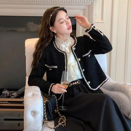 Women's Jackets Black Tweed Short Jacket Women Vintage Autumn Korean Fashion Top Luxury Gold Button Chic Cropped Coat Elegant Outwear Ladies