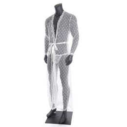 Mens Sleepwear Sexy Long Robe Transparent Lace Cardigan Bathrobe One-piece Lungewear Nightwear With T-back Belt Men's261x