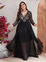 Plus Size Dresses Prom Formal Party Dress Woman 2023 Spring Summer V Neck Long Sleeve Sequined Patchwork Floor Length Black