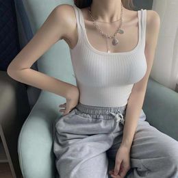 Women's Tanks Summer Crop Top Women Seamless Square Collar Wide Straps Tank Knitted Striped Camisole Solid Corset Female