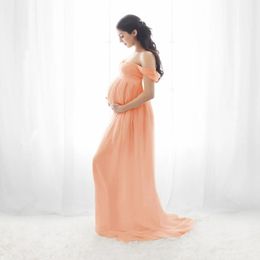 Maternity Dresses Sexy Maternity Dress for Pography Solid Off-Shoulder Chiffon Maxi Gown Split Long Pregnancy Dresses for Poshoot 231007