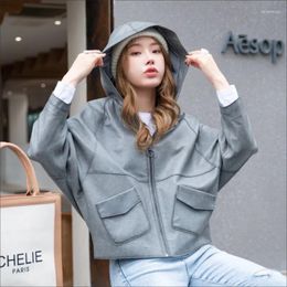 Women's Leather Hooded Cape Coat Korean Casual Loose Batwing Sleeve Zippers Sheepskin Jacket Spring Genuine Outerwear