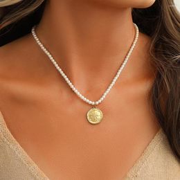 Pendant Necklaces Stainless Steel Pearl Coin Necklace For Women Girls Vintage Korean Sweet Clavicle Chains Wedding Birthday Jewelry Gift