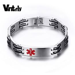 Vinterly Men Alert ID Bracelet Fashion Jewelry High Quality Rock Punk Black Silicone Stainless Steel Bangles For Link Chain2582