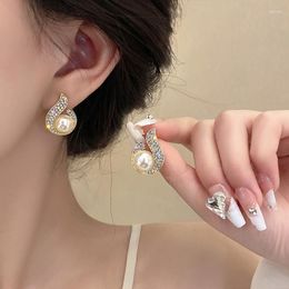 Stud Earrings Imitation Pearl Flame Flower Light Luxury Temperament Zircon Fashion Versatile Women Jewellery