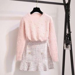 Work Dresses Autumn Winter Women Pink Sweet Long Sleeve Beading Pullover Knitting Sweater Tops Tweed Mermaid Midi Skirt 2 Piece Sets