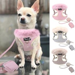 Dog Collars Leashes 3pcs/lot Warm Dog Harness Leash Poop Bag Set Mesh Dogs Cat Vest Harness With Fur Collar Pet Lead Belt Snack Key Garbage Bag Pink 231009