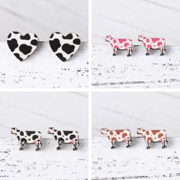 Stud Earrings Vintage Pink Leopard Print Heart For Women Fashion Cute Dairy Cow Wooden Girl Earring Kawaii Funny Jewelry Gift