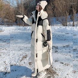 Women's Trench Coats Korean Black White Patchwork Long Down Coat Hooded Padded Jacket Women Thicken Winter Warm Oversized Overcoat