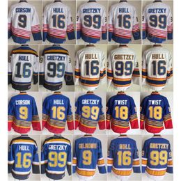 CCM Hockey Retro 99 Wayne Gretzky Jerseys Retire 18 Tony Twist 16 Brett Hull 9 Doug Gilmour 77 Pierre Turgeon Vintage Classic 1995 1996 Blue White Stitching Team Mens