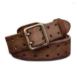 Belts Pure Cowhide Belt 3.8cm Wide High Quality Retro Copper Double Pin Buckle Genuine Leather Jeans For Men Women Luxury