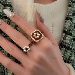 Cluster Rings Adjustable Pearl Flower Aesthetic Ring For Women Friends Gift Opening Vintage Fashion Korean Jewelry Finger BFF