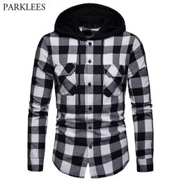 Black White Plaid Hooded Shirt Men Slim Fit Long Sleeve Men Hoodie Shirt Hipster Streetwear Shirts With Double Pockets 210522247S