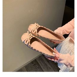 Valentine High quality Designer Shoes Heels Satin Ballerinas with Toneontone Studs Shallow Crossed Ribbon Bow Rivet Round Head Flat Bottom Ballet Sho