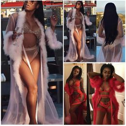 Sexy Women Sleepwear Lingerie Lace Perspective Long Robe long sleeve Bathrobe Chiffon Nightwear Babydoll Fur Robe Dress244z