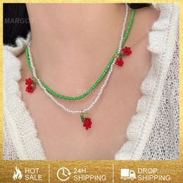 Chains Sweet Red Crystal Cherry Heart Pendant Not Easy To Fade Creative Personality Simple Round Bead Necklace Pearl Beaded