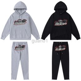 Mens Tracksuits Sweatshirts Black Embroidered Tiger Plush Hooded Sweater Close-up Zipper Pants Casual Set 231009