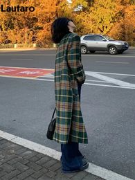 Women's Wool Blends Lautaro Autumn Winter Long Oversized Plaid Trench Coat for Women Double Breasted Loose Casual Green Tweed Coats Korean Fashion 231009
